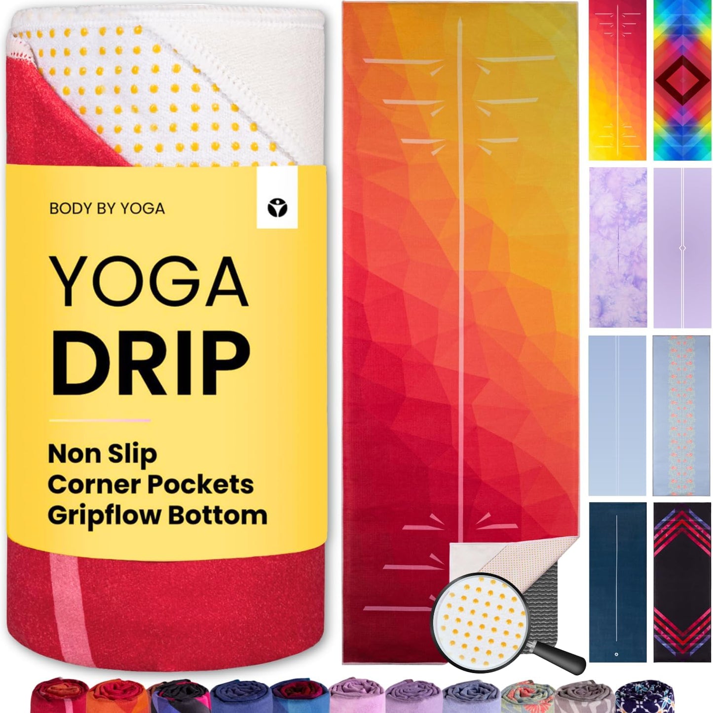 Yoga Grip Yoga Towel - Non Slip Hot Yoga Mat Towel With Corner Pockets, No-Skid Grip, and Built-in Alignment Lines | Soft, Moisture Wicking, and Sweat Absorbent | No Bunching, Stays in Place 72" x 25"