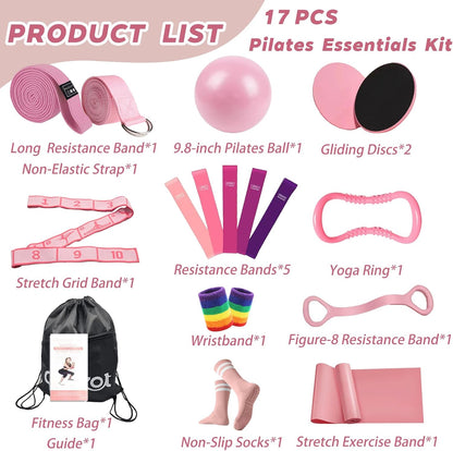 Pilates Essentials Kit for Women, Yoga Exercise Equipment Set for Home Workouts with Mini Ball, Resistance Bands, Sliding Disks & Accessories - Fitness Set for Yoga & Pilates Beginners(Pink)
