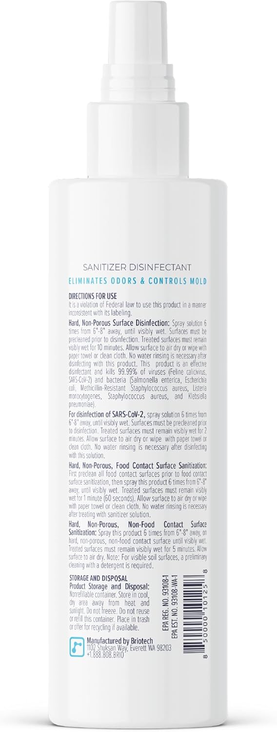 BRIOTECH Sanitizer Disinfectant Hypochlorous Spray, Kill 99.99% of Viruses & Bacteria, Control Mold, Eliminate Odor, Gentle for Nursery & Play Rooms, Food Contact Surface Sanitizer, 32 fl oz