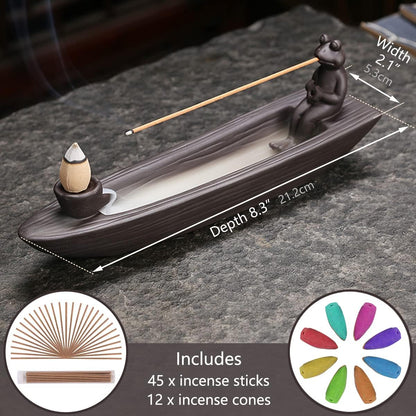 ChangWanna Frog Incense Holder Waterfall - Ceramic Cone Backflow Incense Burner Smoke Fountain, Back Flowing Incense Diffuser with 45 Sticks & 12 Cones, Frog Ornament for Aromatherapy/Yoga/Home Decor