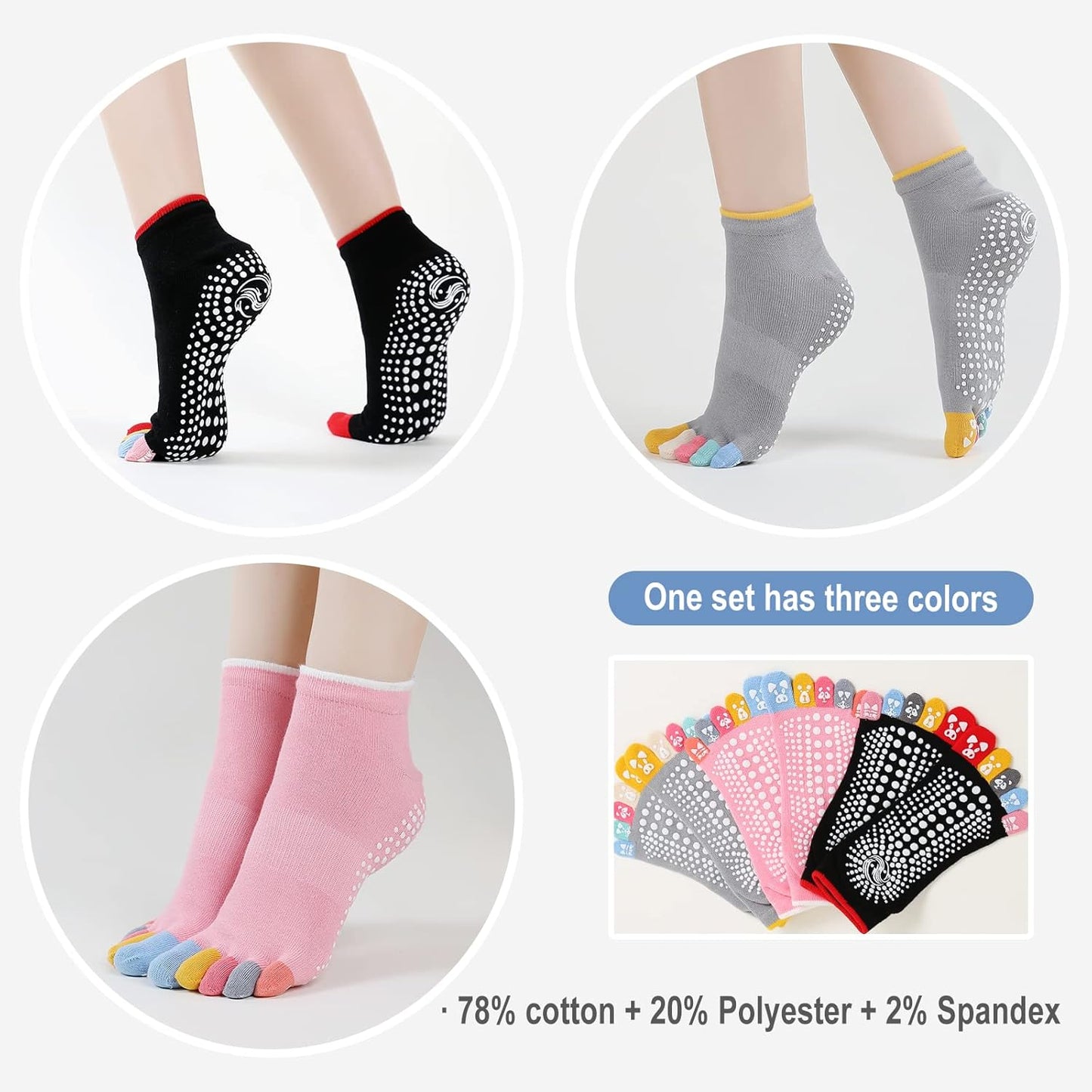 CaiDieNu Yoga Socks for Women, Non Slip Full Toe Socks with Grips for Pilates Barre Dance Ballet Hospital, 3 Pairs