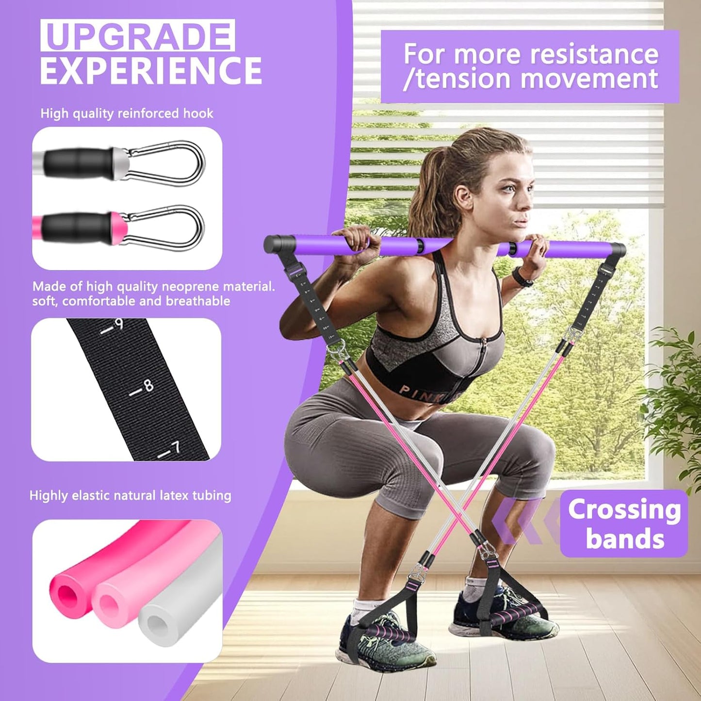 BBTOPS Pilates Bar Kit with Resistance Bands,Ab Roller,2 in 1 Foot Strap & Handle,Door Anchor Pilates Equipment with Resistance Bands, Portable Home Gym Yoga Fitness Bar for Women & Men