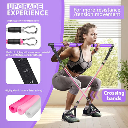 BBTOPS Pilates Bar Kit with Resistance Bands,Ab Roller,2 in 1 Foot Strap & Handle,Door Anchor Pilates Equipment with Resistance Bands, Portable Home Gym Yoga Fitness Bar for Women & Men