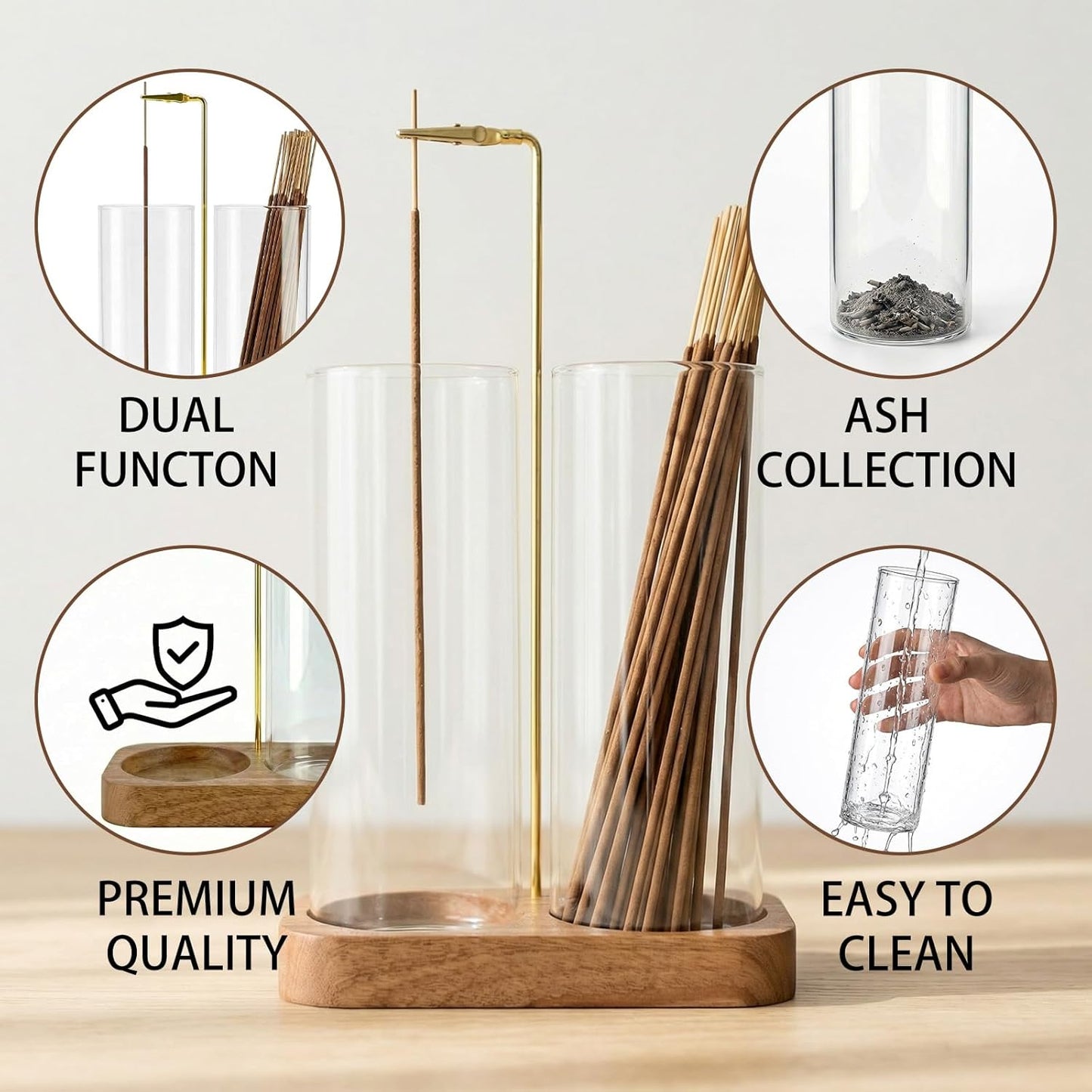 Incense Holder,Wooden Incense Holder for Sticks with 20 Incense Sticks, Anti-ash Incense Burner with Glass Ash Catcher for Meditation Yoga Spa Gift Home Decor