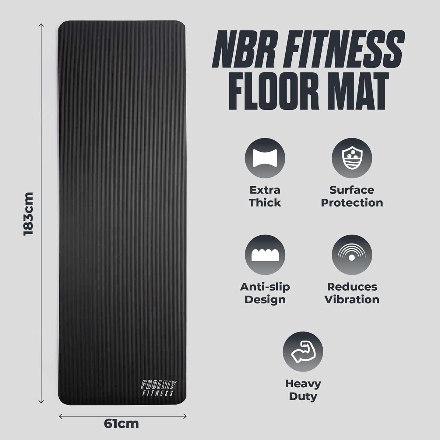 Phoenix Fitness NBR Yoga Mat - 15mm Extra Thick Exercise Mat with Carry Strap - Non Slip Yoga Mat for HIIT, Exercise & Pilates for Men and Women - Black or Pink