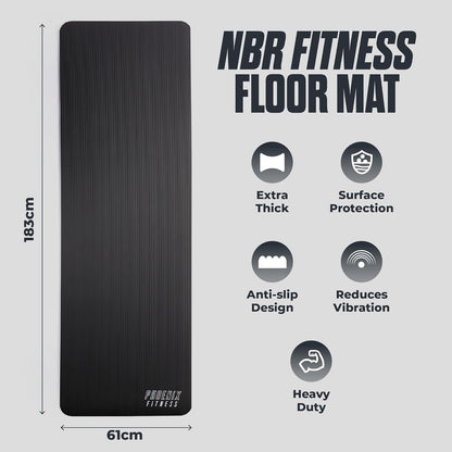 Phoenix Fitness NBR Yoga Mat - 15mm Extra Thick Exercise Mat with Carry Strap - Non Slip Yoga Mat for HIIT, Exercise & Pilates for Men and Women - Black or Pink