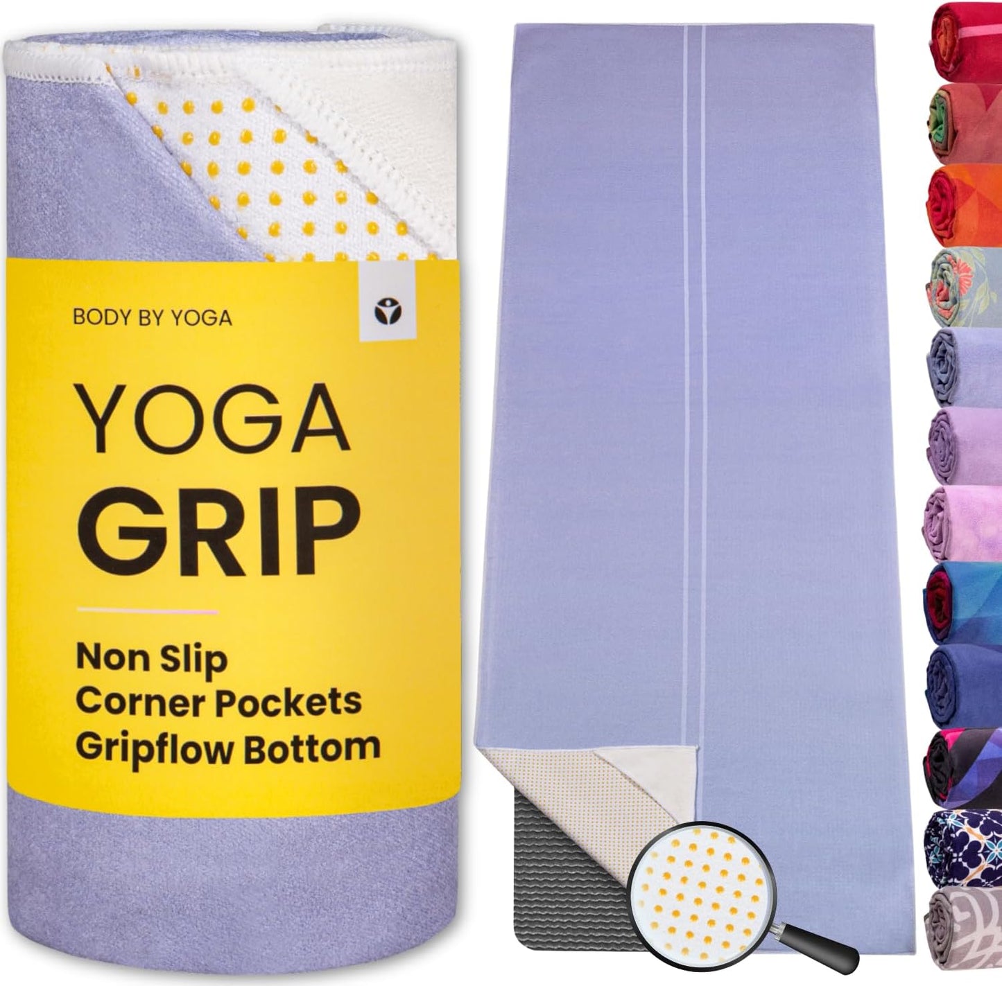 Yoga Grip Yoga Towel - Non Slip Hot Yoga Mat Towel With Corner Pockets, No-Skid Grip, and Built-in Alignment Lines | Soft, Moisture Wicking, and Sweat Absorbent | No Bunching, Stays in Place 72" x 25"
