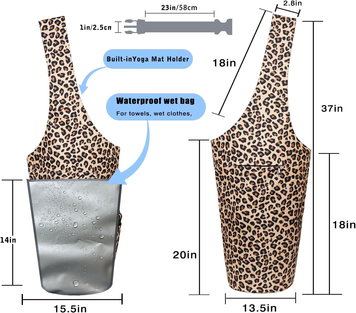 Yoga Mat Bag - Large Opening Long Tote Yoga Mat Carrier Holder Bag with Waterproof Wet Zipper Pocket and Drawstring Water Bottle Pocket - Yoga Bag Fit Most Size Mats
