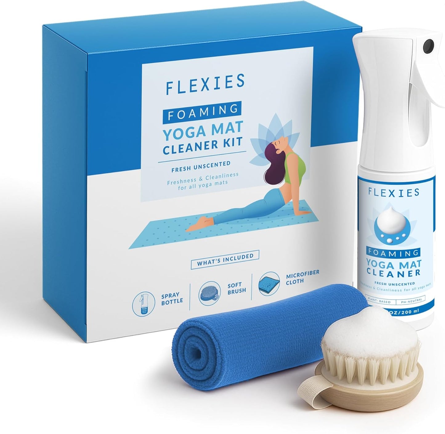 Flexies Foaming Yoga Mat Cleaner Spray Kit, Plant Based Non Toxic Mat Cleaner with Brush and Microfiber Cloth, Yoga Essentials for Women and Men, Pilates Mat Care, Lavender