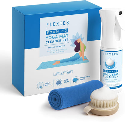 Flexies Foaming Yoga Mat Cleaner Spray Kit, Plant Based Non Toxic Mat Cleaner with Brush and Microfiber Cloth, Yoga Essentials for Women and Men, Pilates Mat Care, Lavender