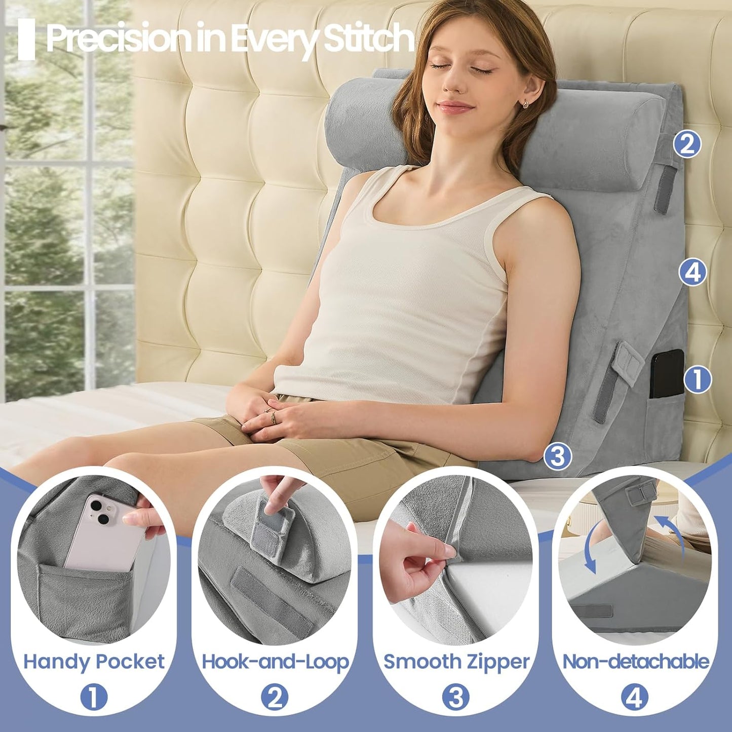 Sasttie Wedge Pillow Set for After Surgery, 2PCS Adjustable Bed Wedge Pillow Headboard with Memory Foam Neck Cushion – for Acid Reflux, Sleeping, Neck & Back Support, Dark Grey