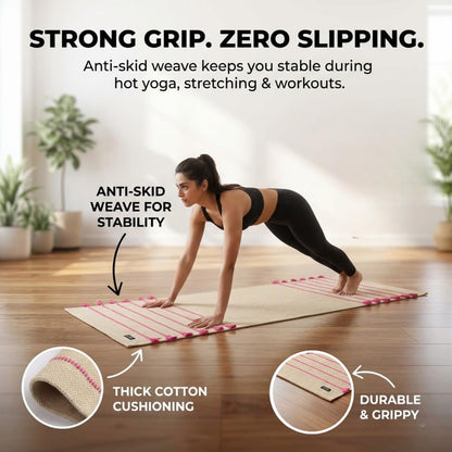 Indian Handmade100 % Organic Anti Skid Multi Colour Cotton Yoga Mat - Eco-Friendly Hand-Woven Rug - Non-Slip & Thick (24”x72”x5mm) for Hot yoga & Everyday Fitness at Home - Comfortable & Foldable Extra-Long Mat