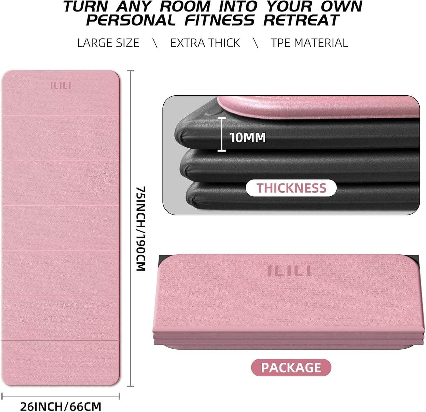 ILILI Foldable Yoga Mat, 10mm Thick, TPE Material, Extra Long 75"L x 26"W, Soft and Comfortable Folding Mat 0.4 Inches, Easy to Carry and Store, 190*66cm Portable Multi-Functional Use for Yoga, Home Exercise & Outdoor
