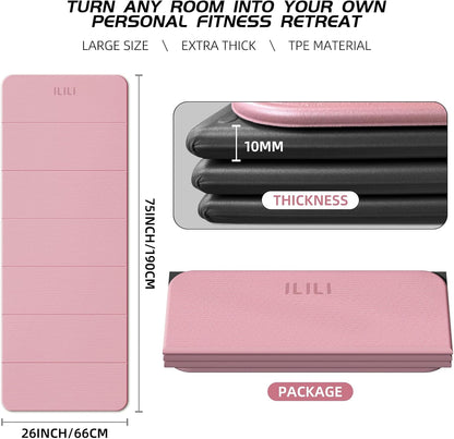 ILILI Foldable Yoga Mat, 10mm Thick, TPE Material, Extra Long 75"L x 26"W, Soft and Comfortable Folding Mat 0.4 Inches, Easy to Carry and Store, 190*66cm Portable Multi-Functional Use for Yoga, Home Exercise & Outdoor