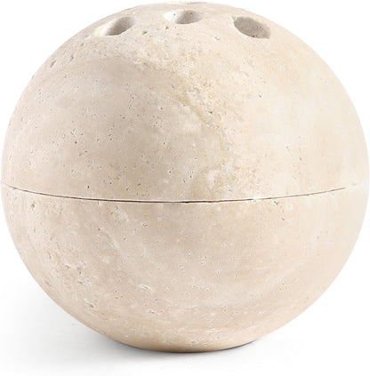 Natural Travertine Incense Burner – 4” Handmade Stone Incense Cone Holder, Minimalist Sphere Incense Burner for Home Decor, Meditation, Yoga, Spa, Relaxation (Beige)