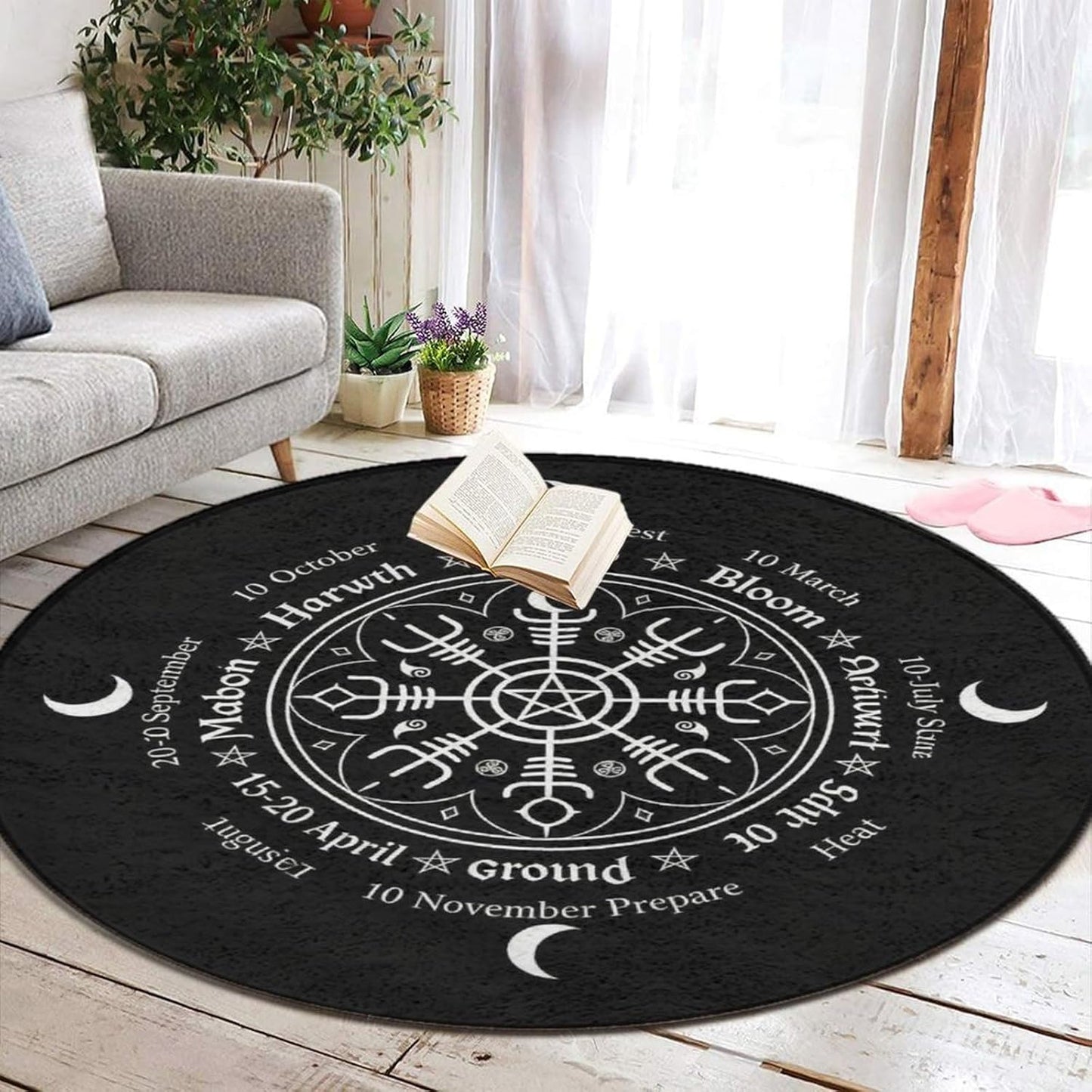 Soft Round Yoga Carpet, Large Home Decor Mat, Non-Slip Machine Washable Kitchen Office Circle Rug Compatible with Cool Norse Viking Vegvisir Runic Compass