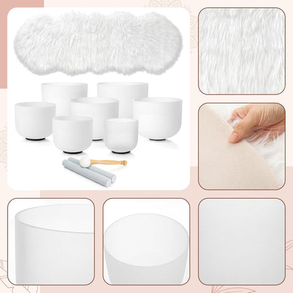 Batiyeer 7 Pcs 7-12 Inch Crystal Singing Bowl Set with 1 Pcs White Faux Sheepskin Rug for Chakra Healing, Meditation, Yoga, Sound Therapy, Mindfulness, Relaxation