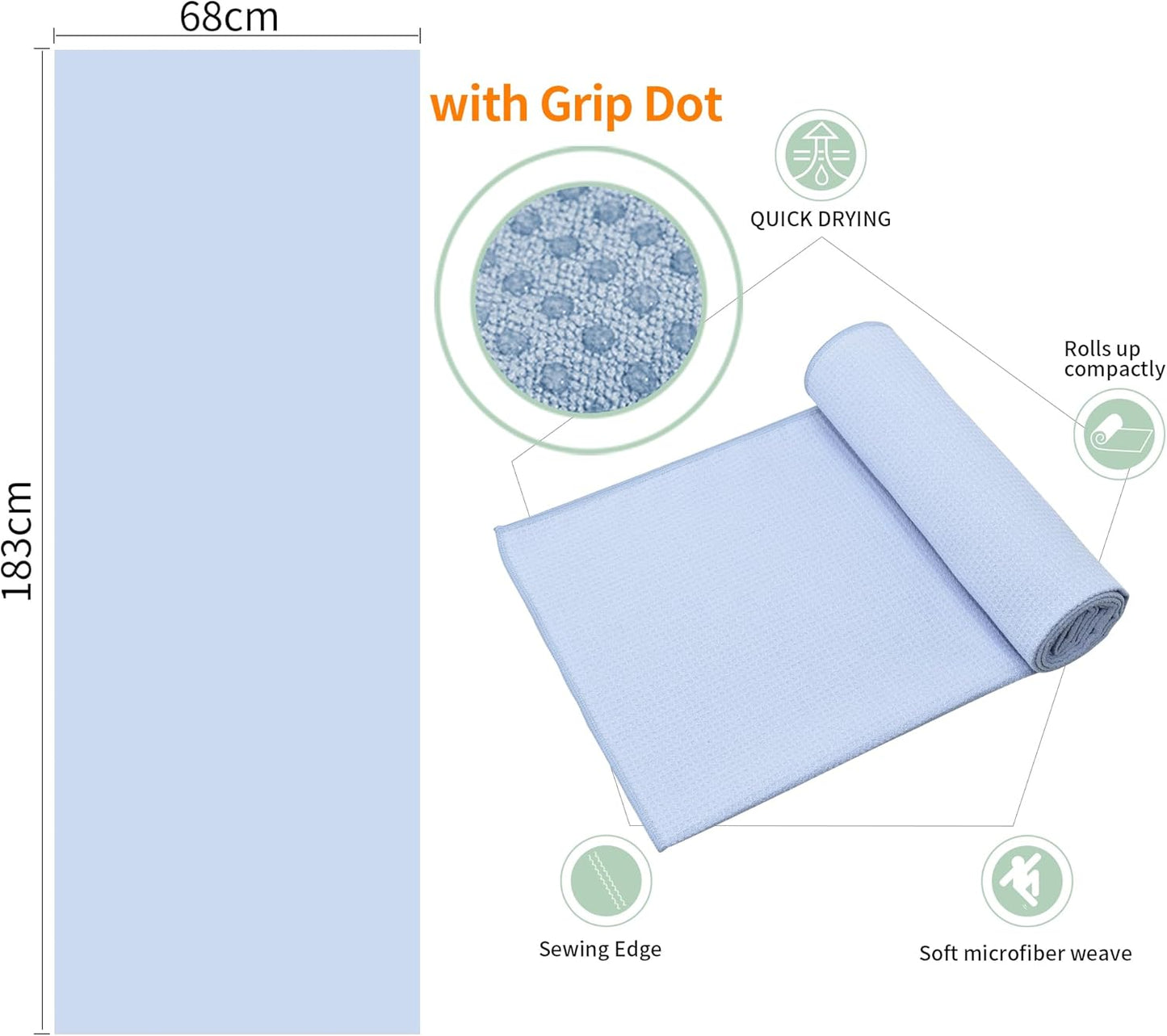 2 Pack Hot Yoga Towel with Grip Dot，Stickyfiber Yoga Mat Towels Non Slip for Hot Yoga,Absorbent Microfiber Sweat Anti-Slip Cover,Bikram,Pilates,Exercise,Fitness