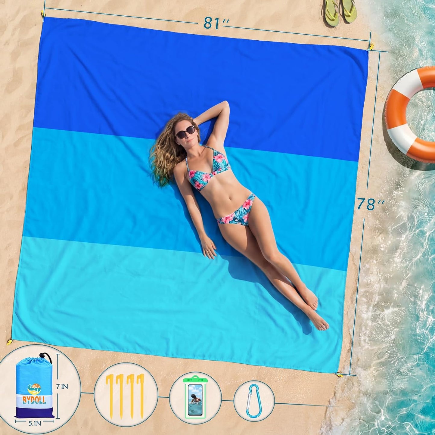 BYDOLL Beach Blanket Waterproof Sandproof Large Sand Free,78''X81''/10'X9' Oversized Sandless Lightweight Blanket Picnic Mat for Beach Travel Camping Hiking with Stakes