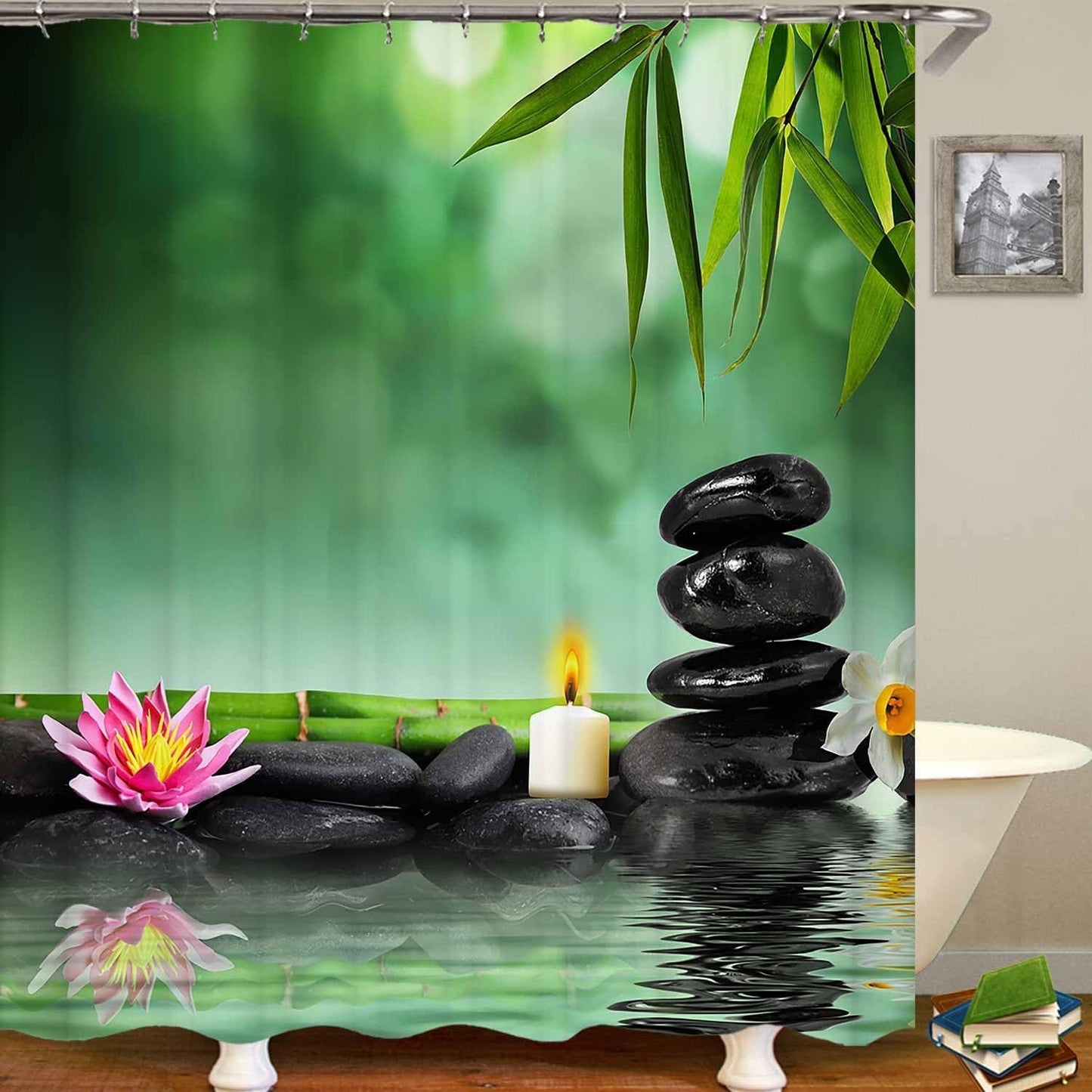 4PCS Spa Zen Shower Curtain Sets with Rugs, White Shower Curtain, Pink Floral Orchid Lotus Water Lily Stone Bamboo Water Reflection Yoga Massage Relaxing Spiritual Meditation Bathroom Decor