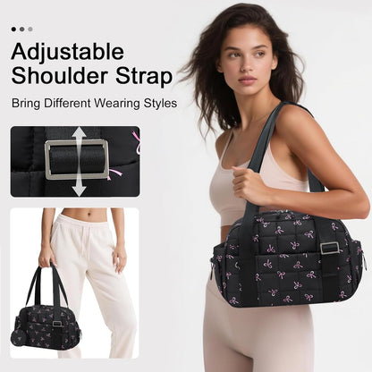 CAMTOP Mini Gym Bag for Women, Small Gym Tote Bag Puffy Quilted Sports Duffel Bag with Wet Compartment and Coin Purse Duffel Bags Dance Yoga Workout Bag for Gifts (All Black, Mini-12.6")