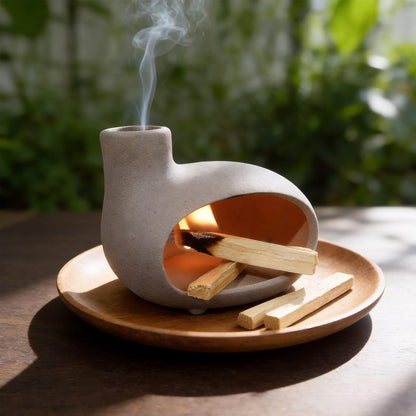 MOUGIGI Terracotta Palo Santo Holder - Modern Chiminea Incense Burner for Yoga, Meditation, and Energy Cleansing - Wood Sticks Dish, Sage Ash Catcher, Smudge Bowl, Cone Burner - Unique Meditation Gift