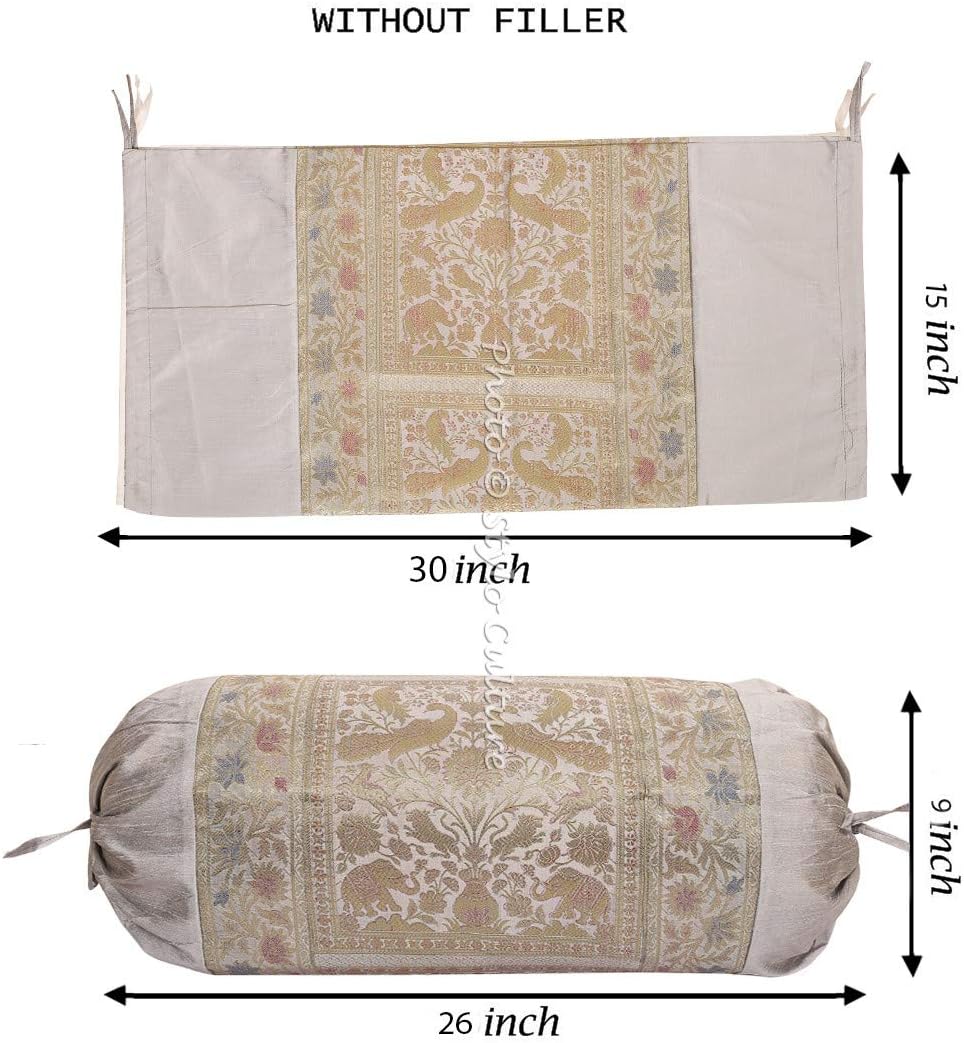 Traditional Polydupion Cylindrical Tube Pillow Bolster Pillow Covers Grey Jacquard Brocade Border Elephant Large Couch Round Cylinder Cushion Covers (Set of 2) | 30x15 Inches (76x38 cm)