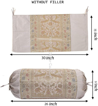 Traditional Polydupion Cylindrical Tube Pillow Bolster Pillow Covers Grey Jacquard Brocade Border Elephant Large Couch Round Cylinder Cushion Covers (Set of 2) | 30x15 Inches (76x38 cm)