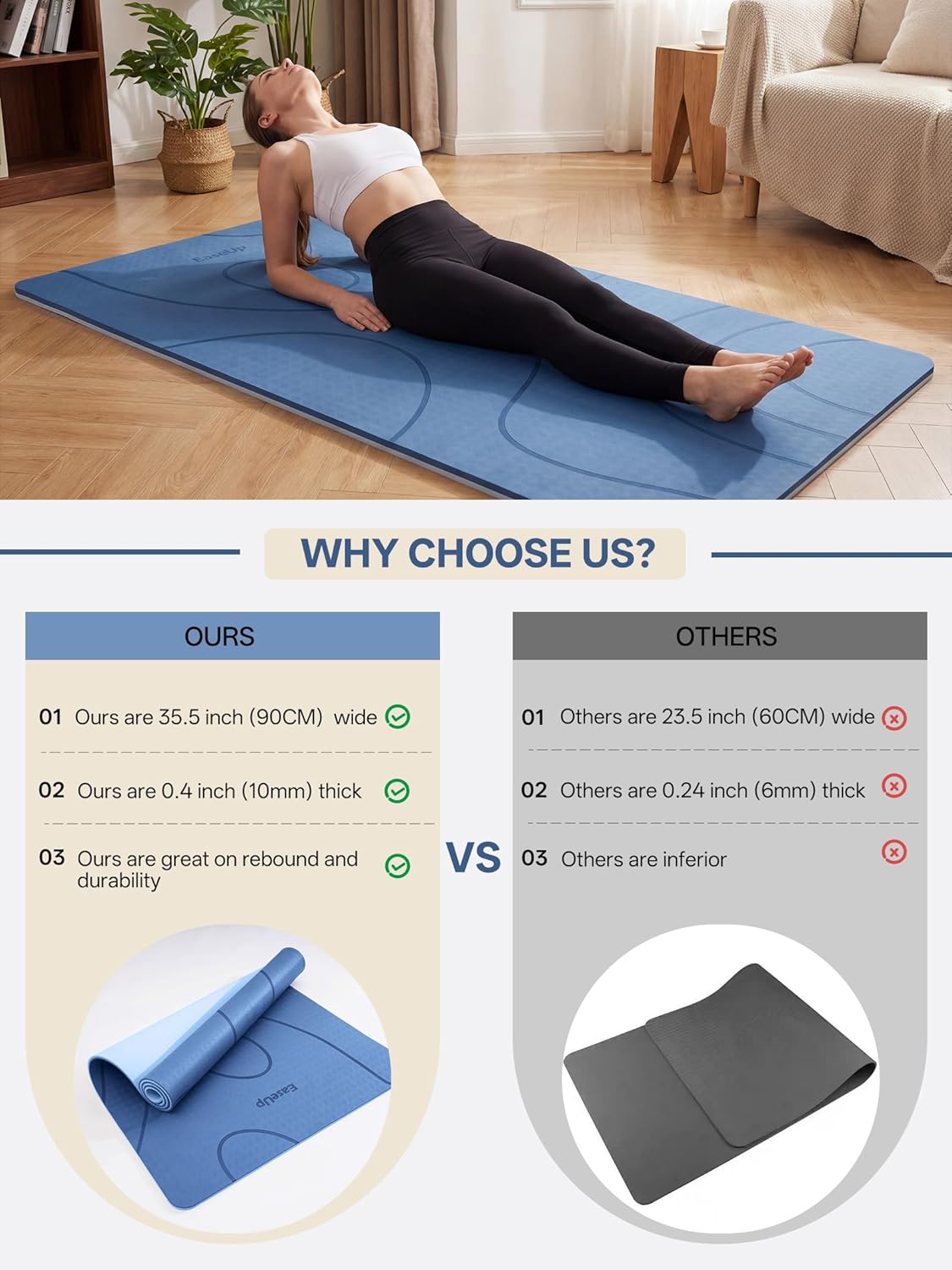 EaseUp Large yoga mat,73’x35.5’x0.4’,extra thick and wide,10mm pilates mat,non-slip exercise mat,workout mats for home gym