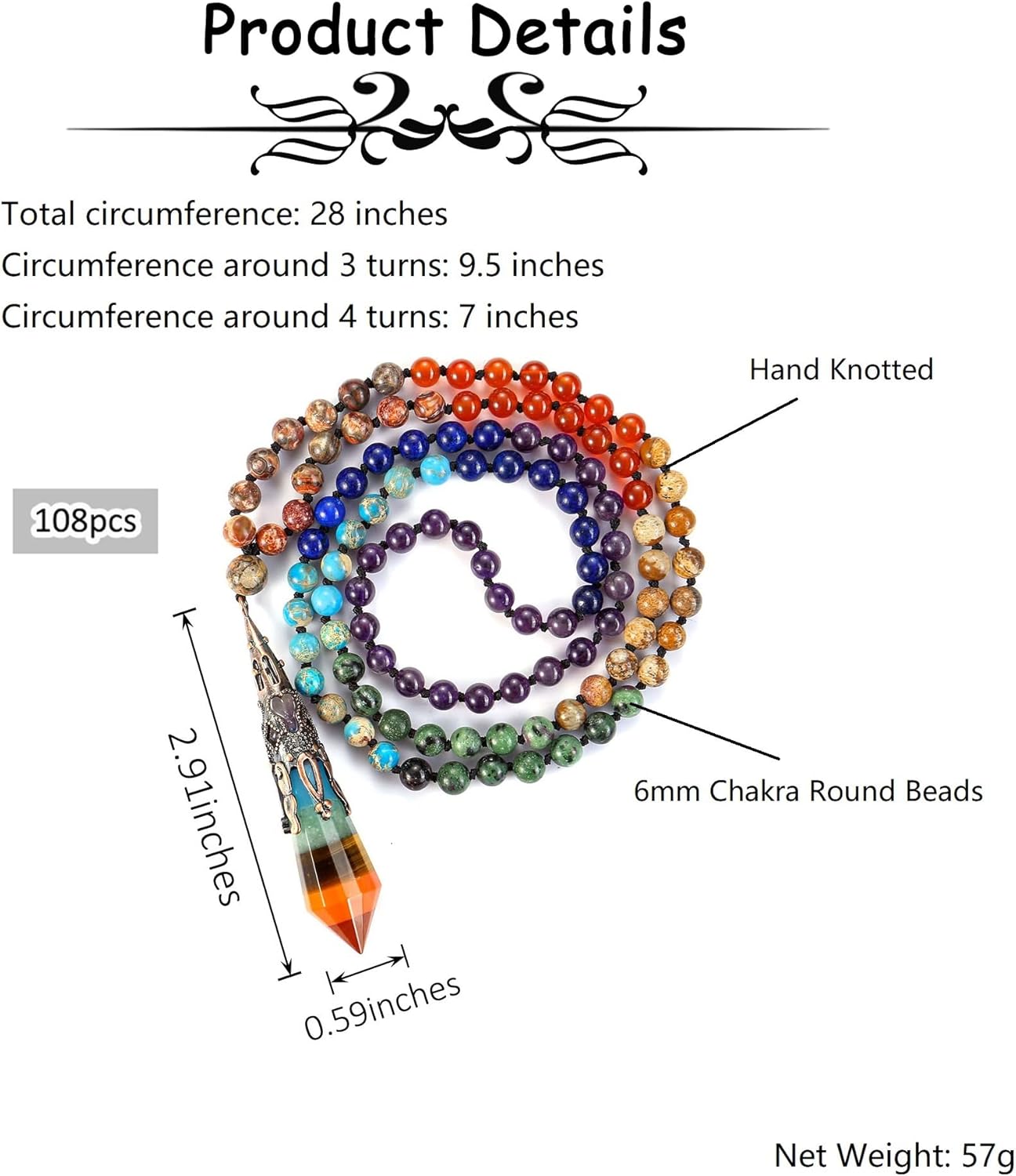 GEHECRST Natural 7 Chakra 108 Mala Prayer Beads Necklace with Reiki Healing Crystal Pointed Pendant 6mm Gemstones Beads Necklace Mens Womens Jewelry for Meditation, Protection