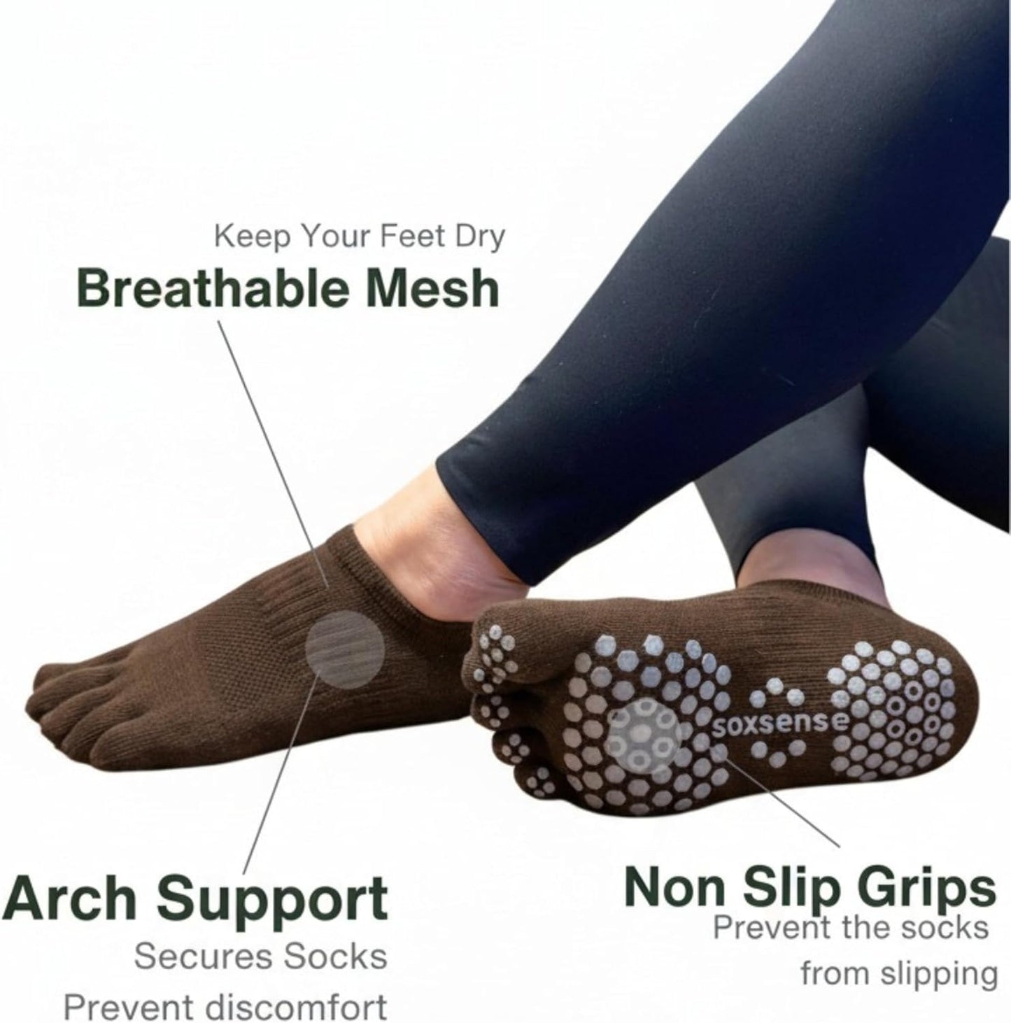 Soxsense Pilates Grip Toe Socks for Women & Men, Cushioned Low-Cut Five Finger Socks Non Slip for Yoga, Barre, Gym