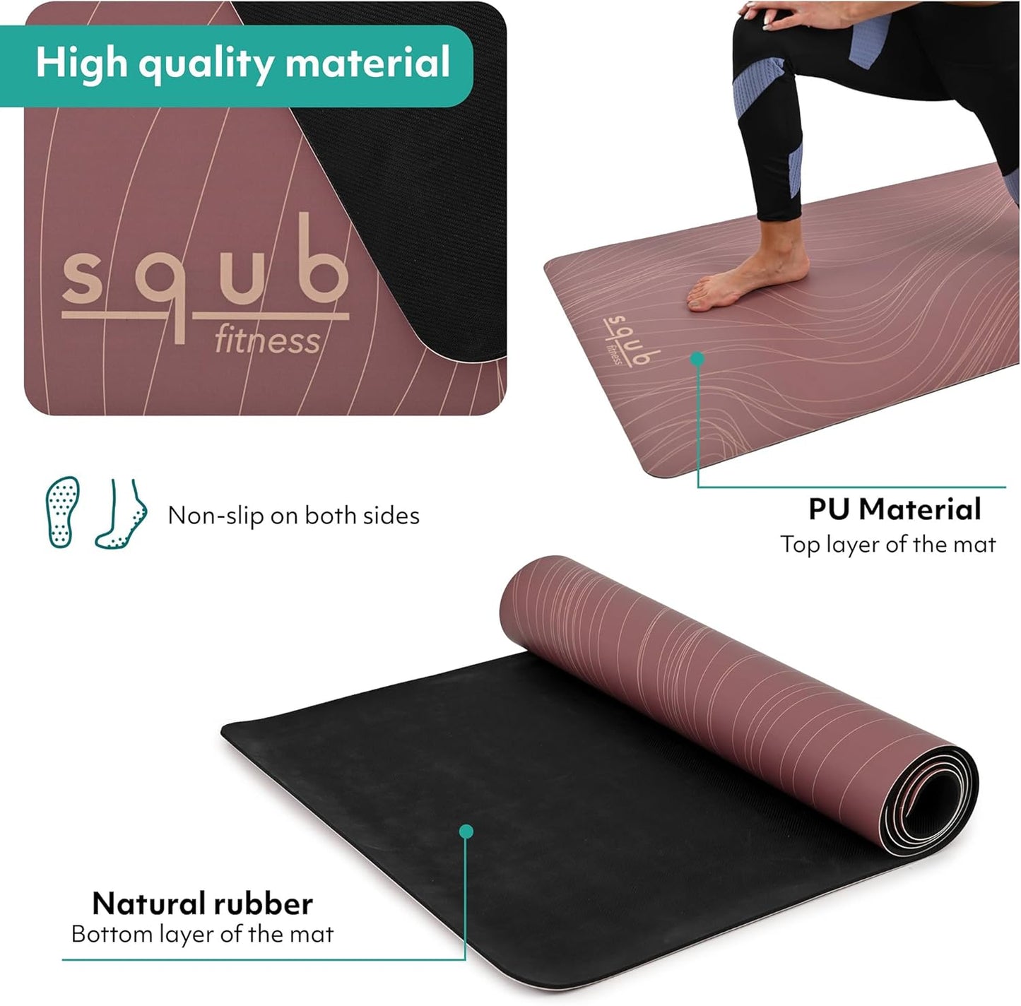 Yoga Mat Thick 5mm – Non Slip Exercise Mat Workout Surface, PU Natural Rubber Grip, Extra Large 183x68 cm Wide Design, Pilates Fitness Training, Includes Strap & Carry Bag