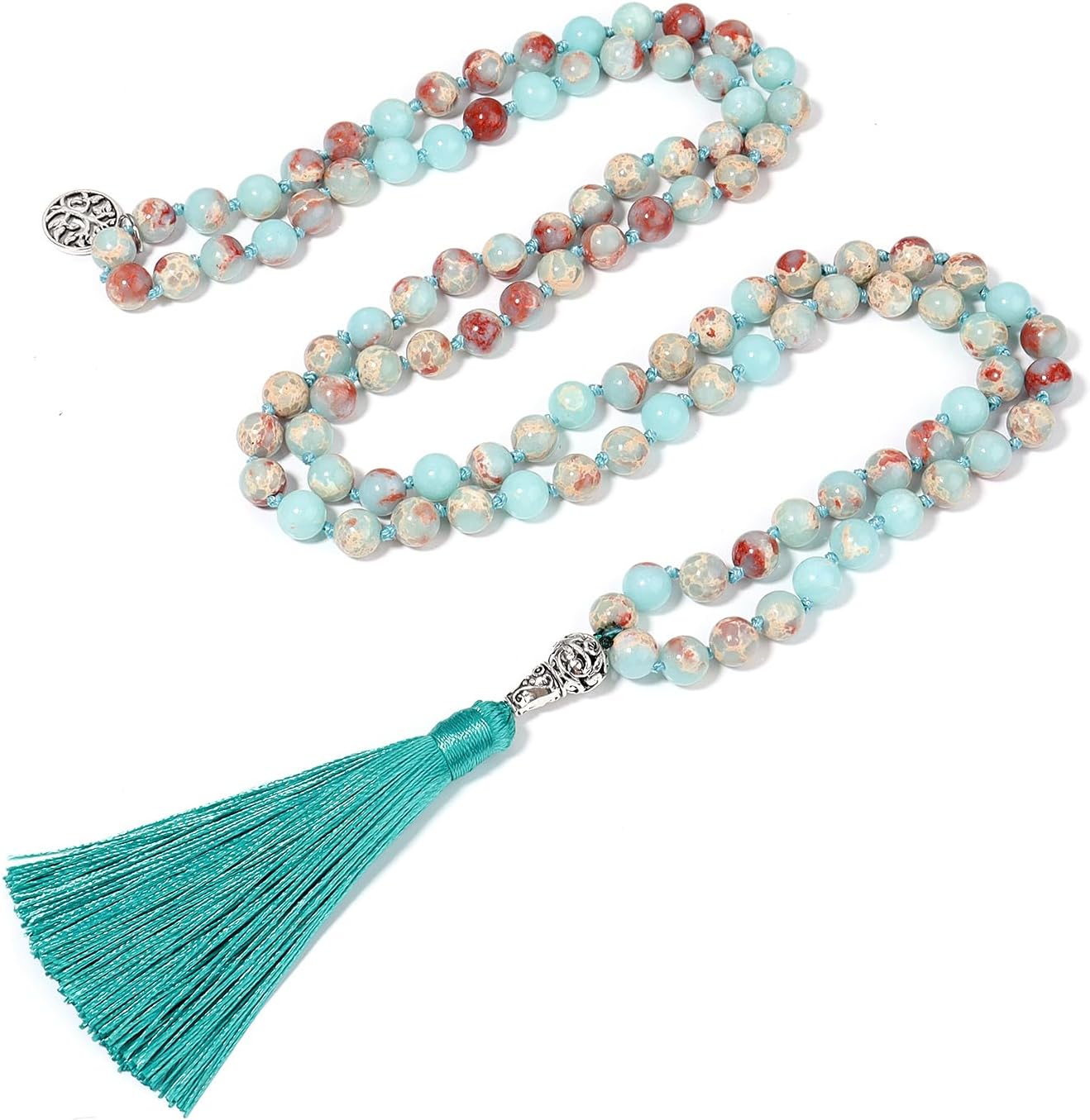 108 Mala Beads Necklace Semi-Precious Gem Stones Meditation Necklace 108 Hand Knotted Japa Mala Beaded Tassel Necklace with Tree of Life Pendant