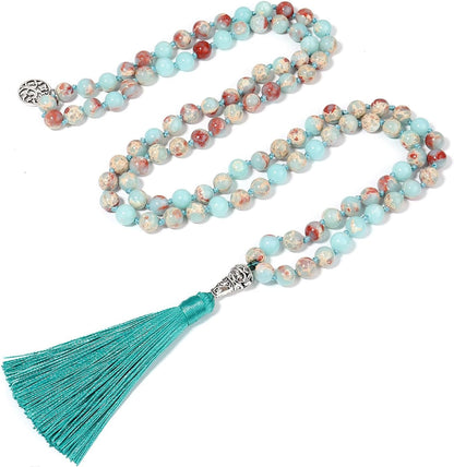 108 Mala Beads Necklace Semi-Precious Gem Stones Meditation Necklace 108 Hand Knotted Japa Mala Beaded Tassel Necklace with Tree of Life Pendant