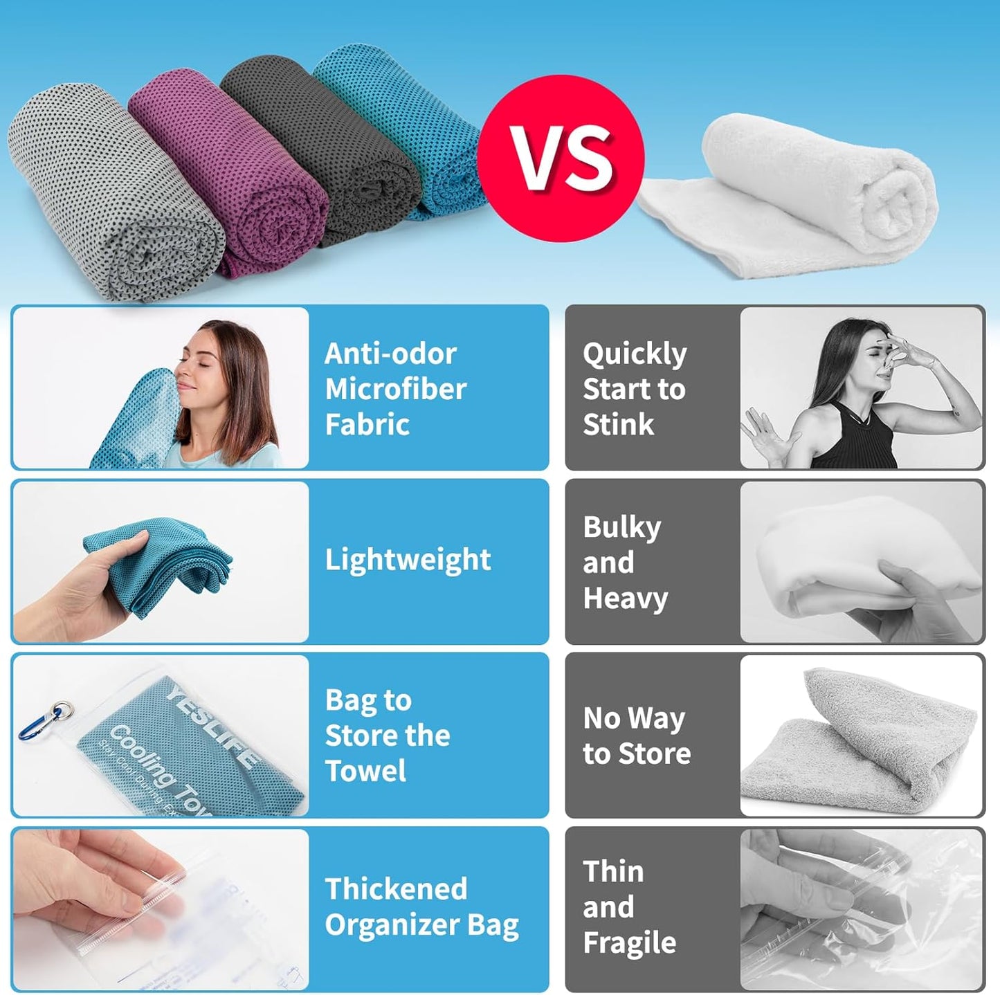 YESLIFE 4 Pack Cooling Towels 40"x12", Gym Towels for Men and Women, Soft Breathable Workout Towels for Yoga, Running, Sport, Workout, Camping, Fitness & More (Blue, Grey, Green, Pink)