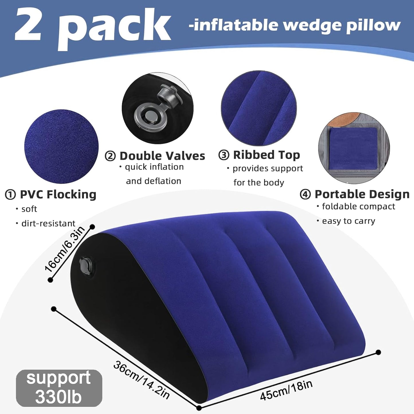 Prosixtoy Portable Wedge Pillow Inflatable Cushion - Body Positioners Lightweight Wedge Pillow for Sleeping, Leg Elevation, Use in Bed, Travel, Camping, Fast Inflating Deflation (Black)
