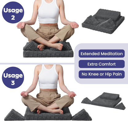 Meditation Cushion Set, Meditation Pillow for Sitting on Floor, Large Yoga Pillow with Knee Support, Washable Zafu Meditation Mat, 3 Shapes Floor Pillow for Adults, Dark Grey