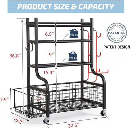 PLKOW Dumbbell Rack, Weight Rack for Dumbbells, Home Gym Storage for Dumbbells Kettlebells Yoga Mat and Balls, All in One Workout Storage with Wheels and Hooks, Powder Coated Finish Steel