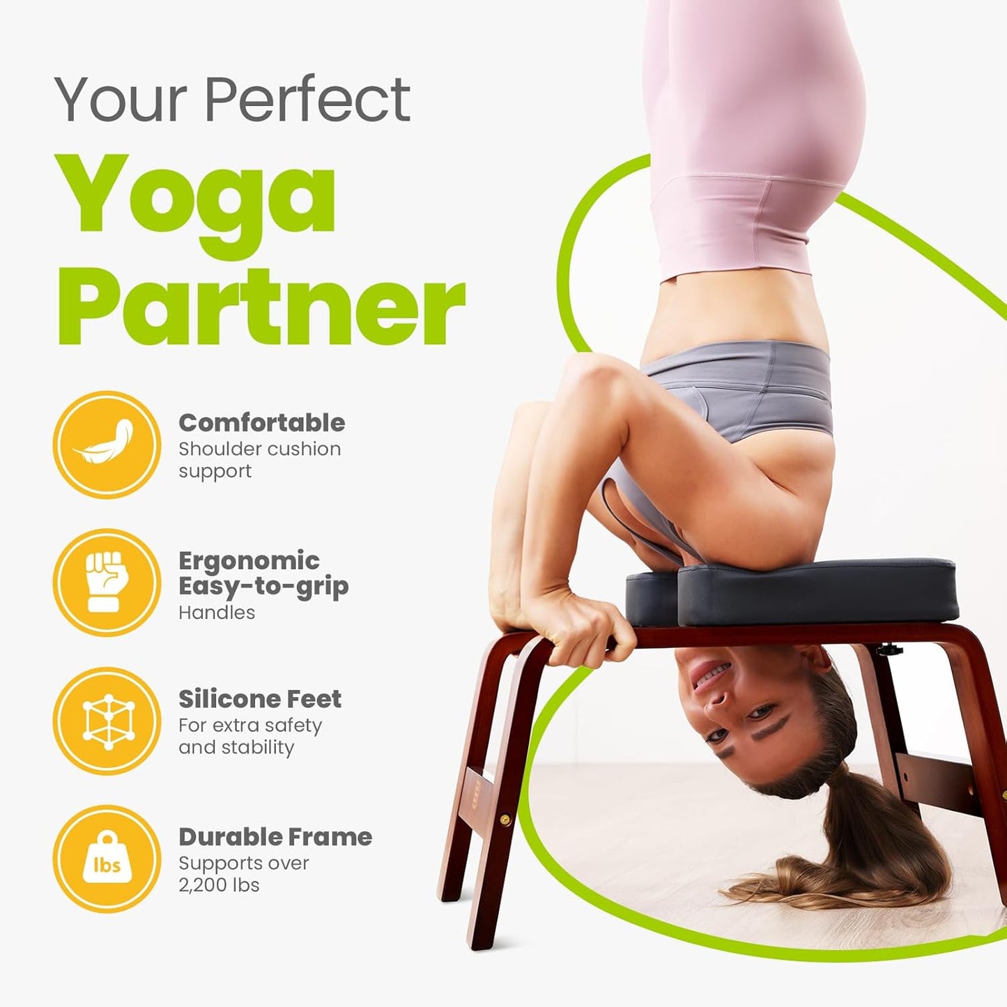 Yoga Headstand Bench, Stand Yoga Chair for Balance Training, Core Strength Building, Upside Down Chair for Relaxation, Handstand Trainer Inversion Chair for Home Gym (Wood White)