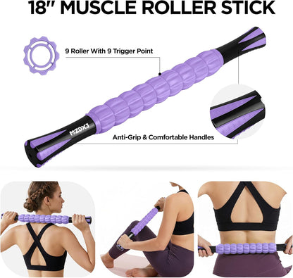 Muscle Roller Massage Roller Stick- Deep Tissue Fascia Blaster for Myofascial Pain Relief, Lymphatic Drainage & Body Sculpting, Handheld Physical Therapy & Recovery Tool (Gray black-18 inch)