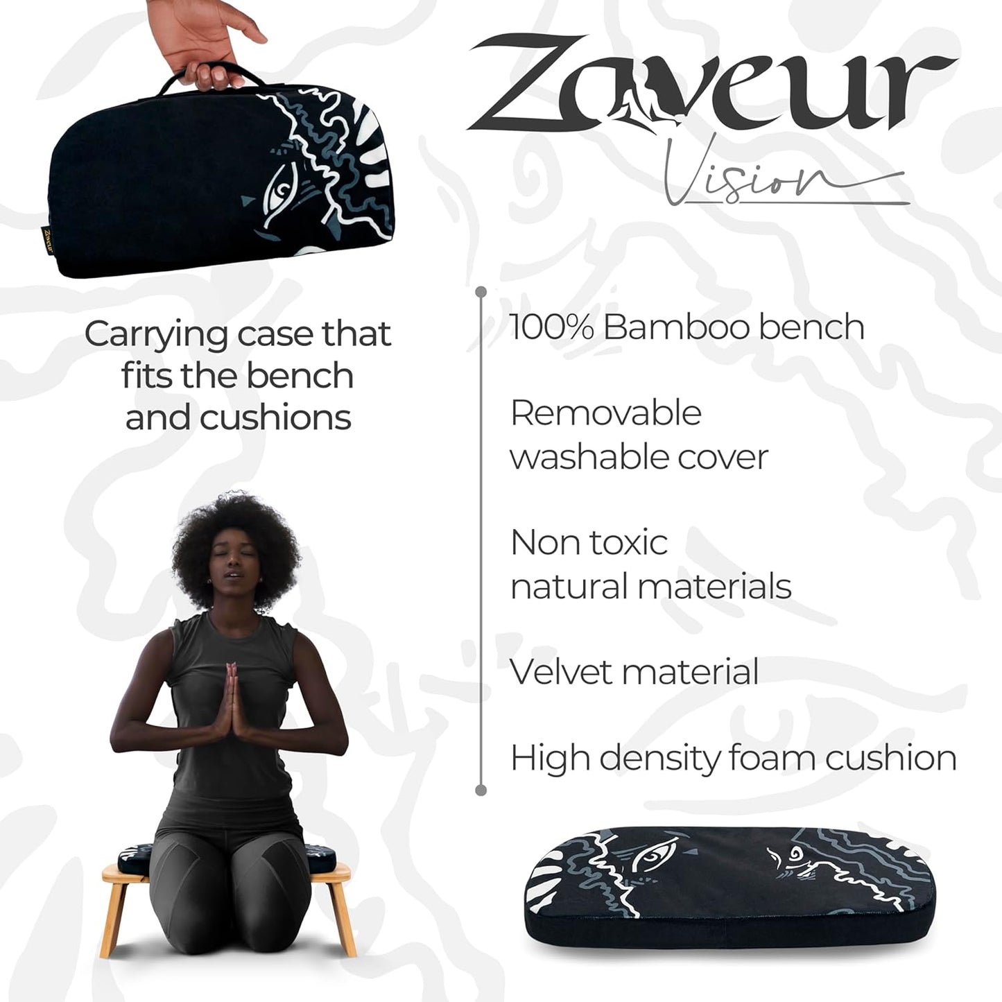 Zaveur Bamboo Meditation Bench with Cushion - Foldable Bench for Multiple Seating Angles - Kneeling Chair Meditation Stool - Yoga Chair Prayer Bench for Deeper and Longer Meditation - Brown