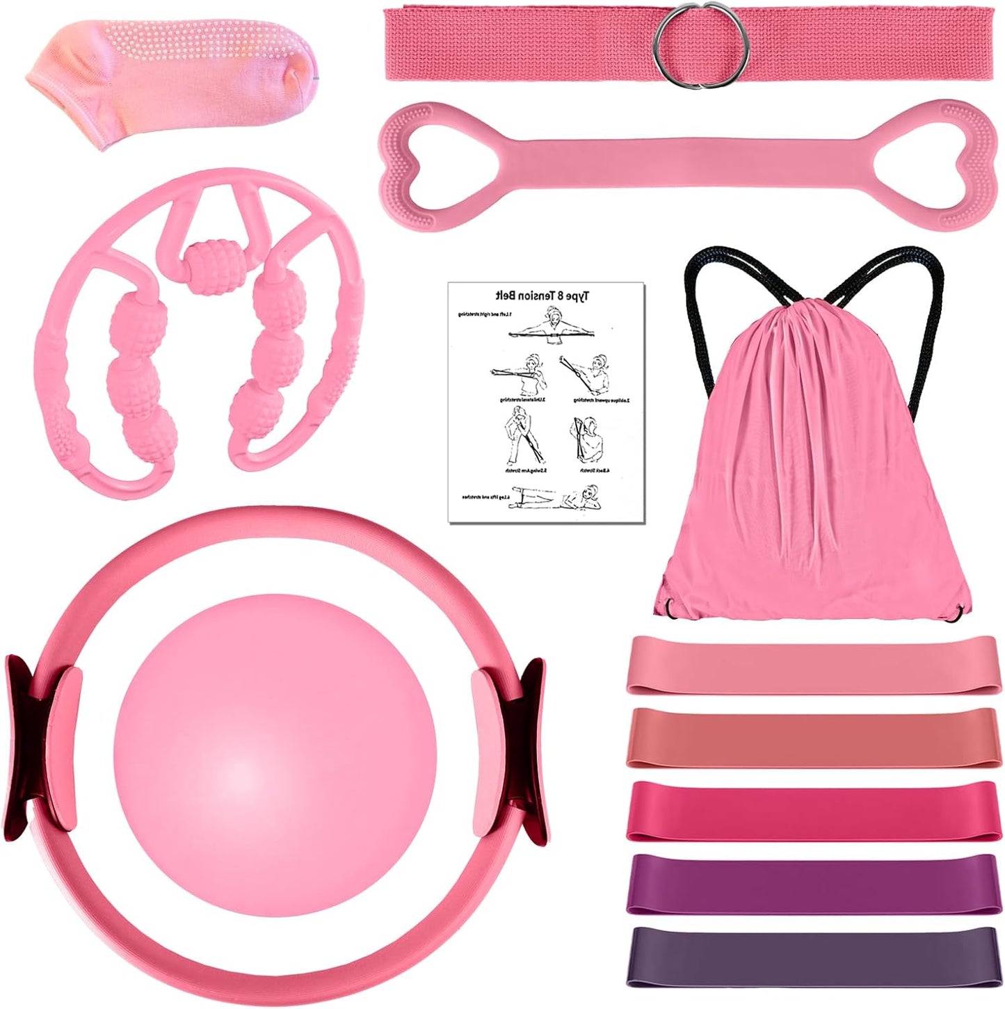 Pilates Kit 14PCS for Women, Pilates Equipment with Pilates Ring Set, Home Pilates Workout Kit, Mini Exercise Ball, Loop Resistance Bands, Stretch Strap, Massage Roller, Grip Socks