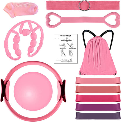 Pilates Kit 14PCS for Women, Pilates Equipment with Pilates Ring Set, Home Pilates Workout Kit, Mini Exercise Ball, Loop Resistance Bands, Stretch Strap, Massage Roller, Grip Socks