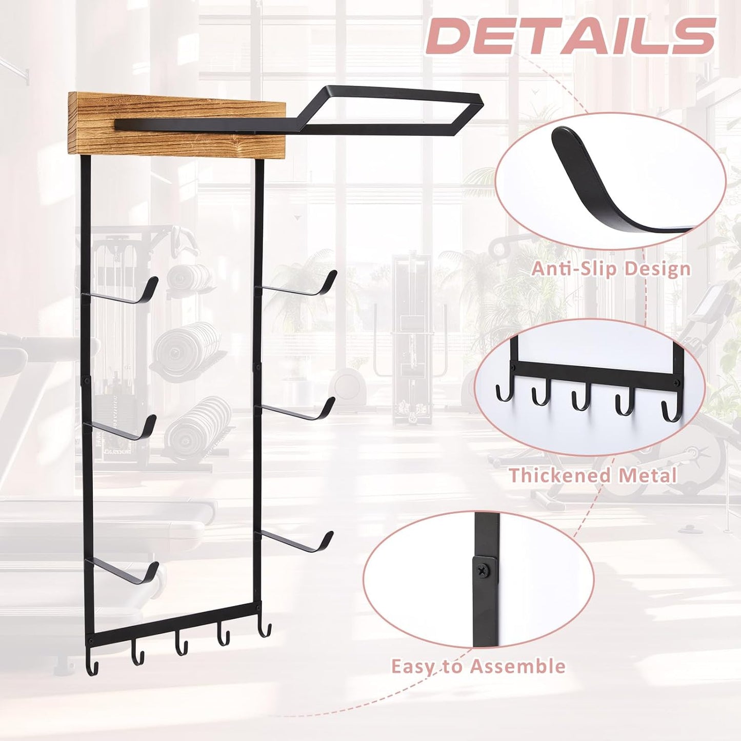 Geelin Yoga Mat and Ball Holder Wall Mount, 4-Tier Yoga Mat & Ball Storage Rack, Home Gym Organizer, Black Metal Floating Shelf for Hanging Foam Rollers & Resistance Bands(5 Hooks Style,Wood Color)