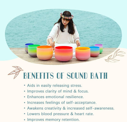 CVNC 432Hz 7-12 Inch Crystal Singing Bowl Set of 7 with 2 Pcs Carrying Case Bag, Frosted Quartz Crystal Sound Bowls for Chakra, Sound Therapy, Meditation Energy