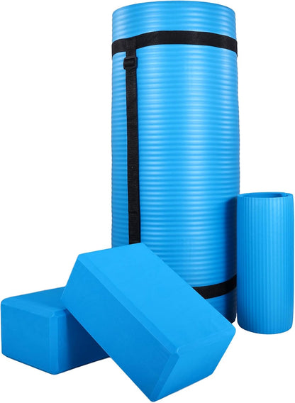 BalanceFrom 71x24 Inches Yoga Mat with Knee Pad and Optional Blocks – Extra 1-Inch Thick Non-Slip Foam with Anti-Tear Surface and Carrying Strap for Home, Studio, or Gym Workouts