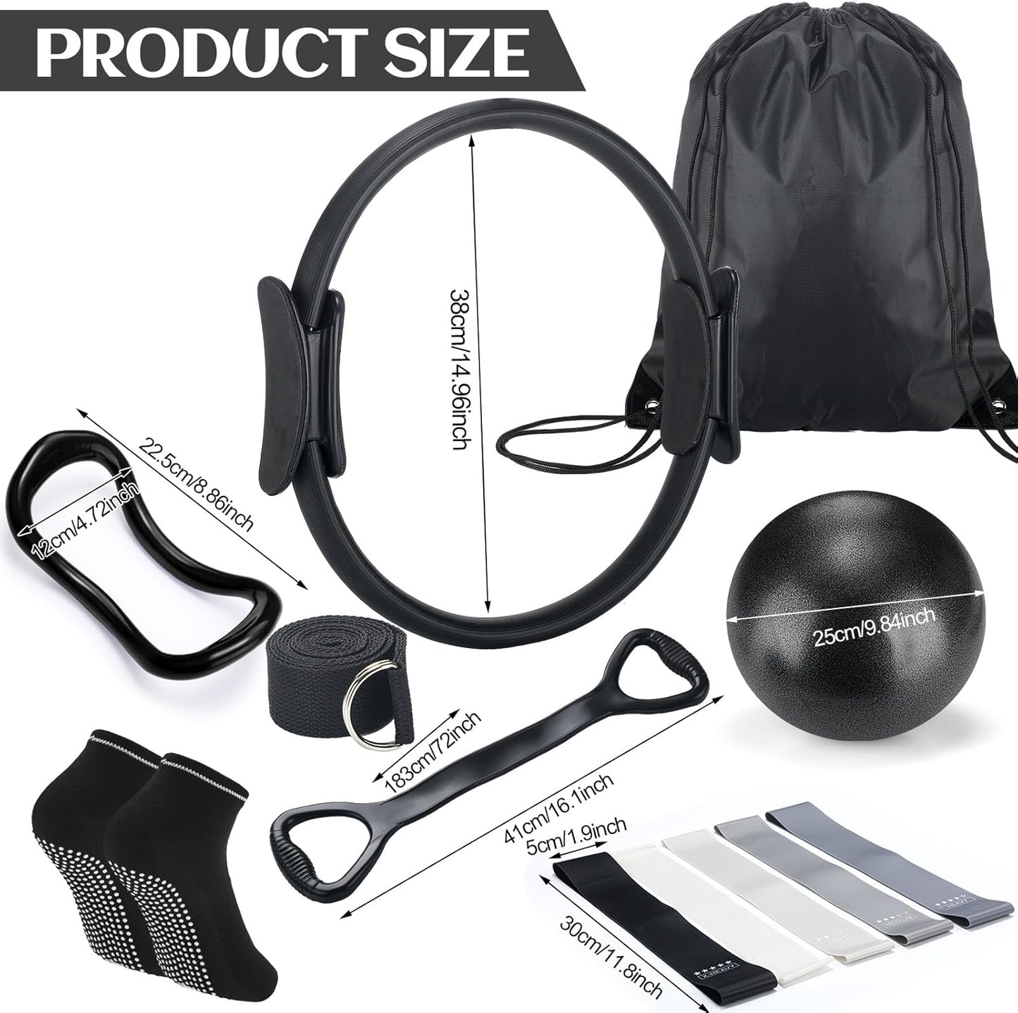 RoundFunny Pilates Ring Circle Set 18 Pcs Exercise Equipment Accessories for Women Workouts Pilates Ball Stretching Strap Magic Circle Yoga Ring Gym Back Bag Resistance Band Anti Slip Socks