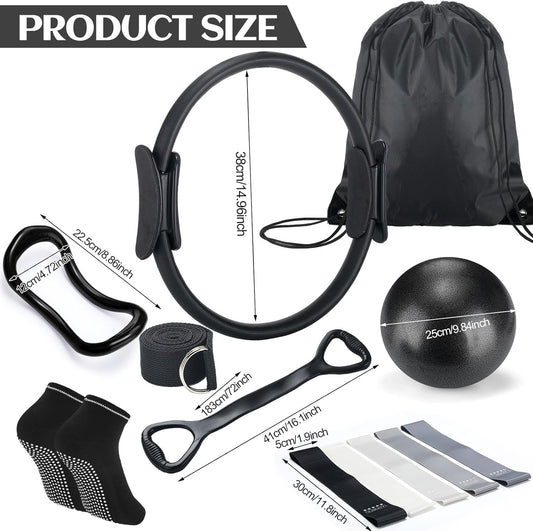 RoundFunny Pilates Ring Circle Set 18 Pcs Exercise Equipment Accessories for Women Workouts Pilates Ball Stretching Strap Magic Circle Yoga Ring Gym Back Bag Resistance Band Anti Slip Socks