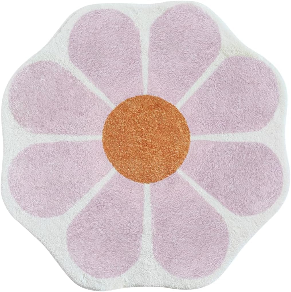 White Flower Shaped Rug, Cute Round Indoor Rug, 39.4" Diameter, High Pile Faux Wool, Non-Slip Backing
