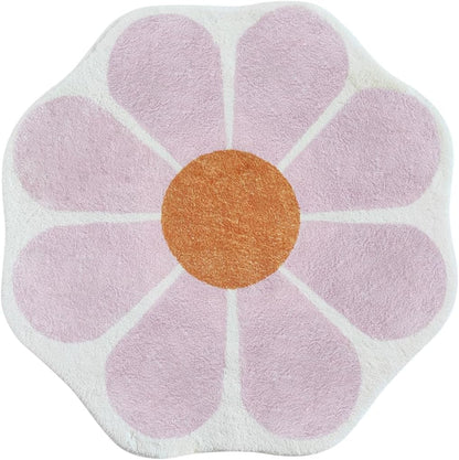White Flower Shaped Rug, Cute Round Indoor Rug, 39.4" Diameter, High Pile Faux Wool, Non-Slip Backing